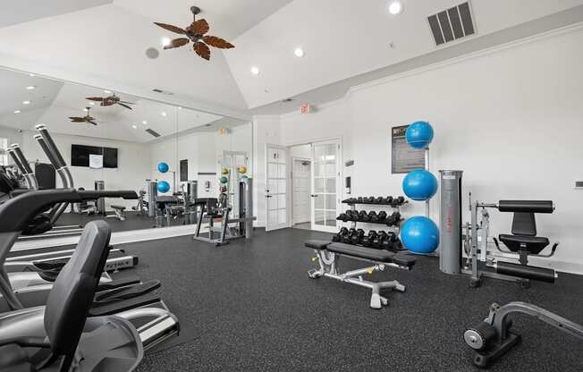 A gym with a variety of equipment including treadmills, weights, and a fan.