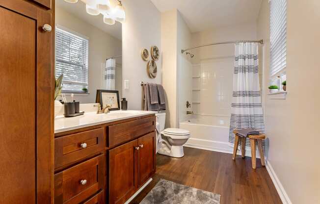 a bathroom with a shower toilet and sink and a mirror