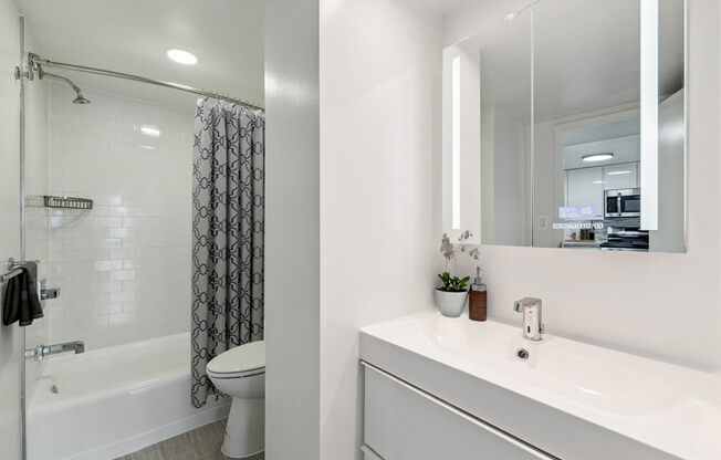 a bathroom with a sink and a shower and a toilet