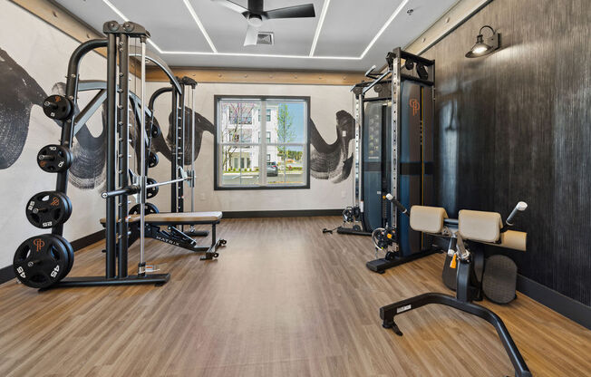 a gym with exercise equipment and a wall mural at Madison Prickett Preserve, Yardley
