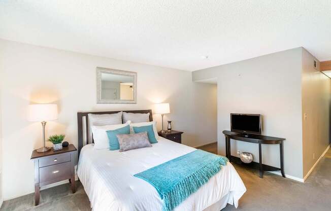 A bedroom with a large bed and a television.