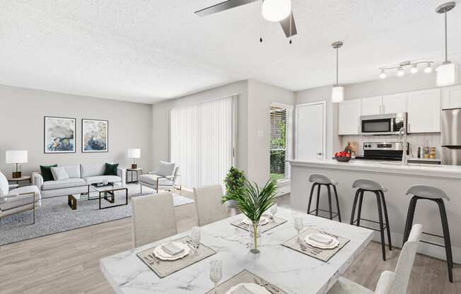 our apartments offer a living room with a dining area and a kitchen