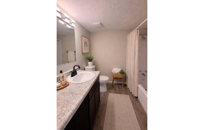 A well-lit bathroom featuring a white countertop with a sink, a mirror, and stylish decor. There is a shower stall with a curtain, a white toilet, and a small chair. A few potted plants and neatly stacked towels add a touch of elegance, while a soft rug runs along the floor, creating a cozy atmosphere.