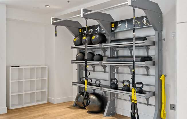 a home gym with weights and racks on the wall