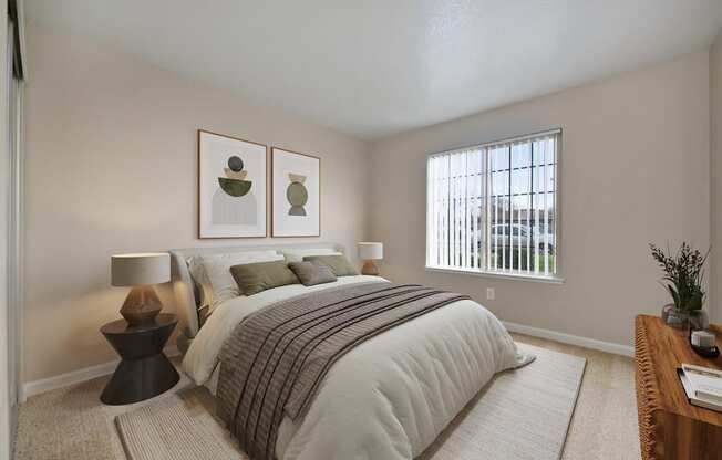 a bedroom with a bed and two paintings on the wall