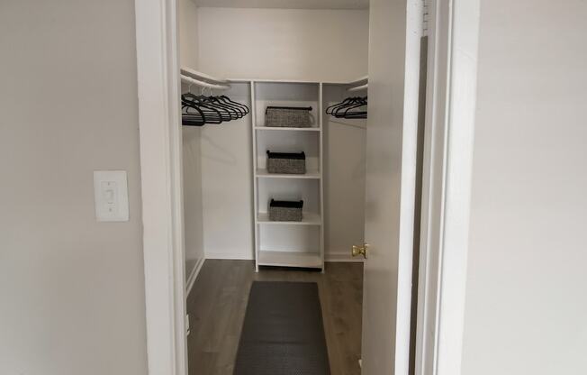 a walk in closet with shelves and a door