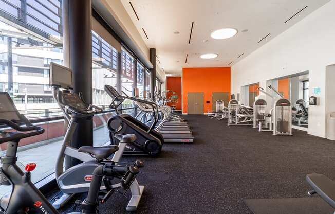 A gym with exercise bikes and treadmills.
