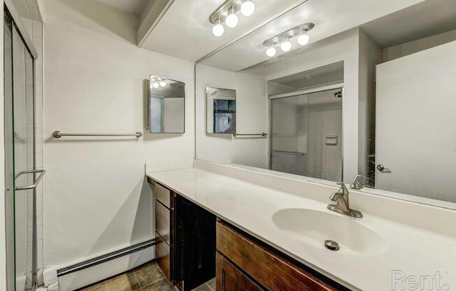 a bathroom with a sink and a mirror and a shower