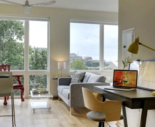 Oversized windows facing East in the Flat D, studio floor plan at Coze Flats