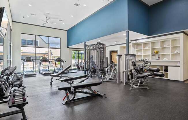 A gym with a variety of equipment including weights and cardio machines.