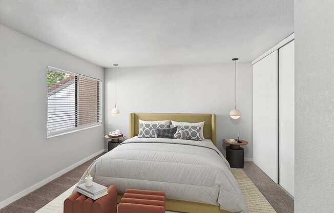 Model Bedroom with Carpet and Closet at Creek at 2645 Apartments located in Sacramento, CA.