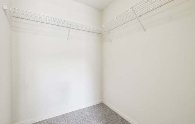 Empty room with a white wall and a grey carpet.