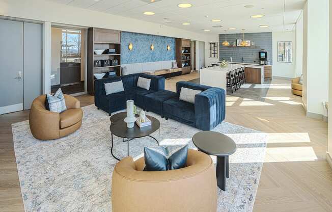 Resident lounge with coworking spaces and a full kitchen