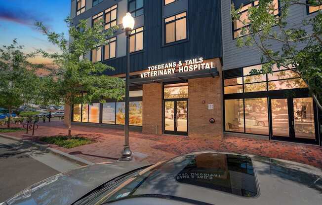A car is parked in front of Toebeans & Tails Veterinary Hospital.