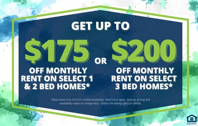 A promotional image offering up to $200 off monthly rent on select 3 bed homes.