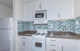Kitchen with blue and black backsplash