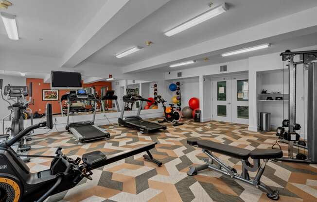 a gym with weights and other exercise equipment and a tv