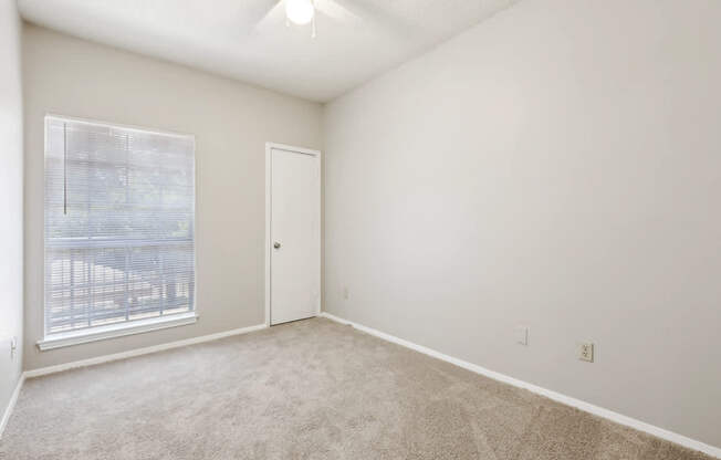 A room with a carpeted floor and a window with blinds.