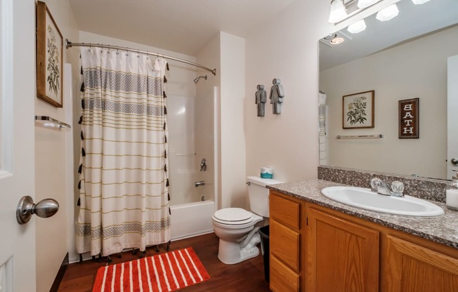 a bathroom with a shower toilet and sink