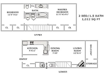 2 beds, 1.5 baths, 1,012 sqft, $1,232