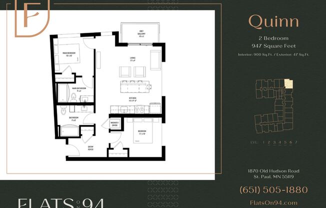 2 beds, 2 baths, 900 sqft, $2,045, Unit 611 - Quinn