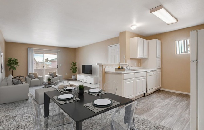 A modern dining room with a glass table and chairs.