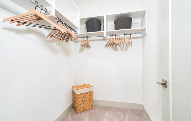 A spacious closet with built-in shelving and hanging space, offering a clean, organized layout that keeps daily essentials within easy reach.
