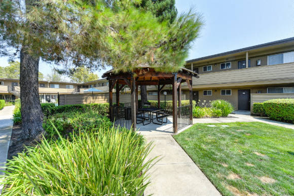 Outdoor Space with Gazebo with Grass, Walkways and Trees