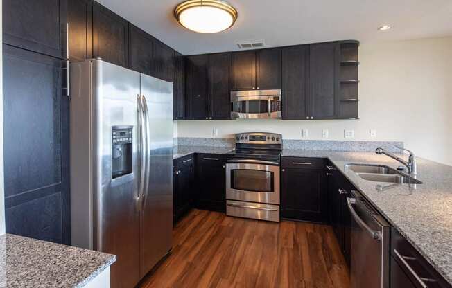 a kitchen with stainless steel appliances and black cabinets