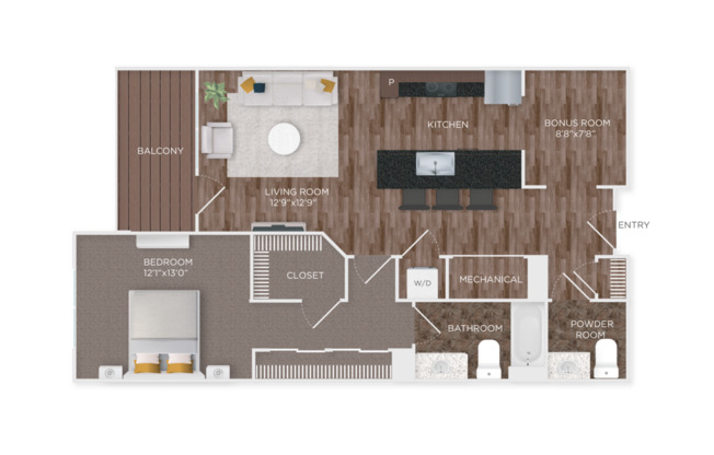 1 bed, 1.5 baths, 836 sqft, $2,034