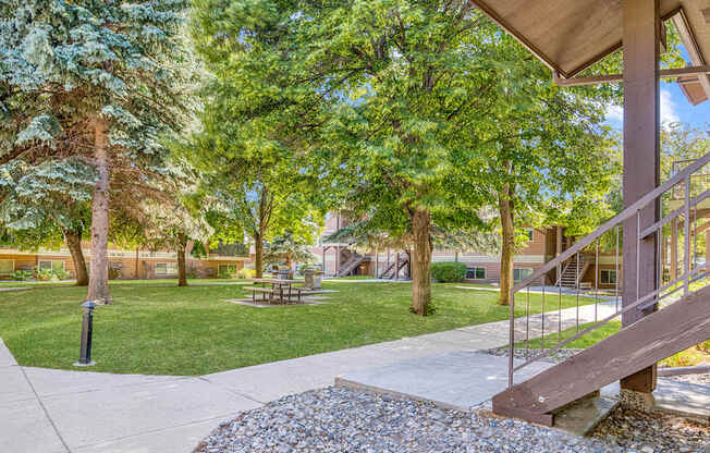 a view of a yard with trees and a staircase