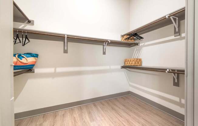 A walk-in closet with shelves and hanging space.at The Bridge at McKinney, Texas