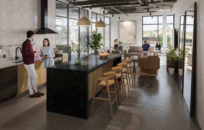 a kitchen with a long counter and people standing around it at Skylar At Sunset Apartments, Los Angeles, CA