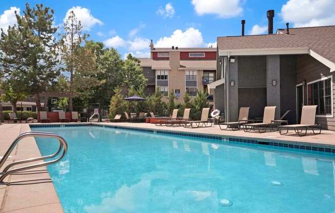 A swimming pool with a metal ladder and sun loungers.