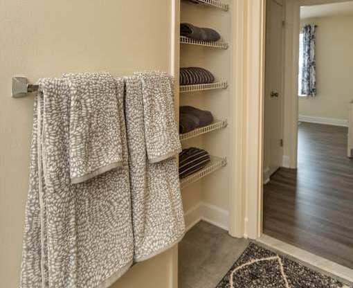 A bathroom with a towel rack and a rug.