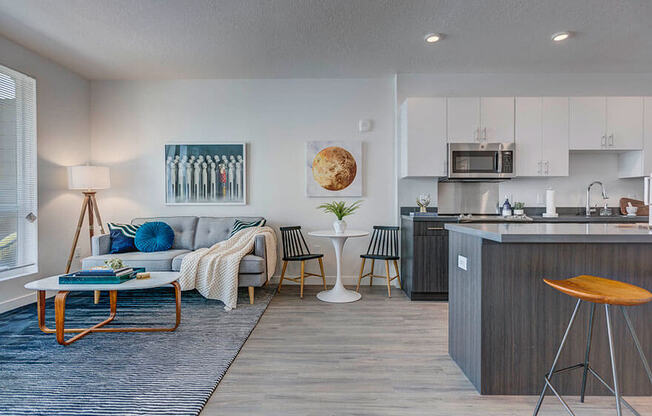 Model apartment home living room and kitchen from a different angle