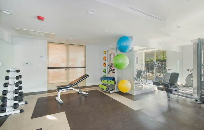 A gym with a variety of equipment including dumbbells, a bench, and a mirror at Woodley Sara Apartment, California, 91406