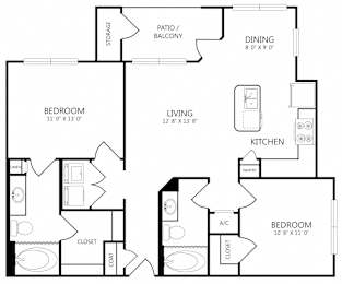 2 beds, 2 baths, 992 sqft, $1,281