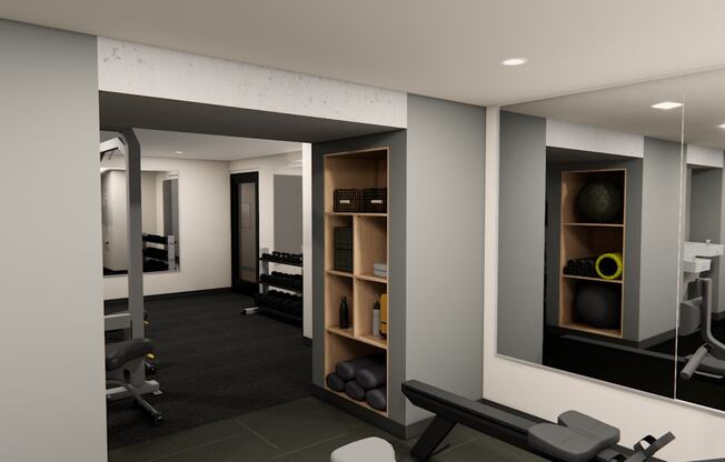 A gym with a variety of equipment including a bench press, a squat rack, and a rowing machine.