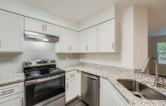 A kitchen with a stove, dishwasher, and sink.