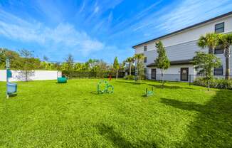 a backyard with a green yard and a house