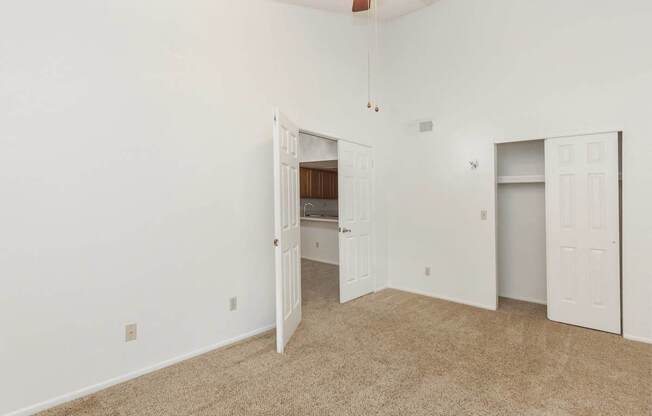 A room with a carpeted floor and two white doors.