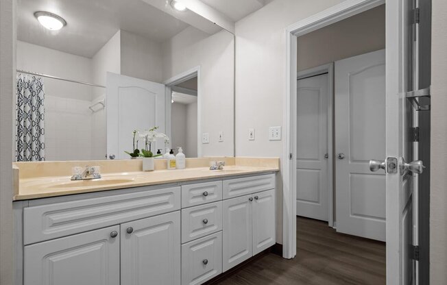 A bathroom with a double sink vanity and a mirror above it.