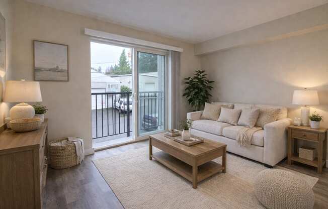 A living room with a white couch, a wooden coffee table, and a large window.