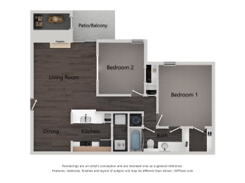 2 beds, 1 bath, 945 sqft, $1,104