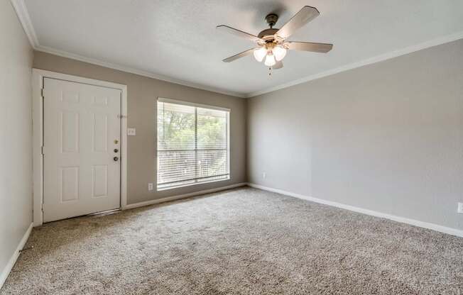 A room with a ceiling fan and carpeted floor.