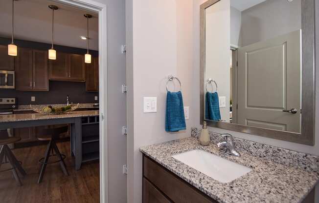 Bathroom with Built-In Shelving and Light Grey Walls