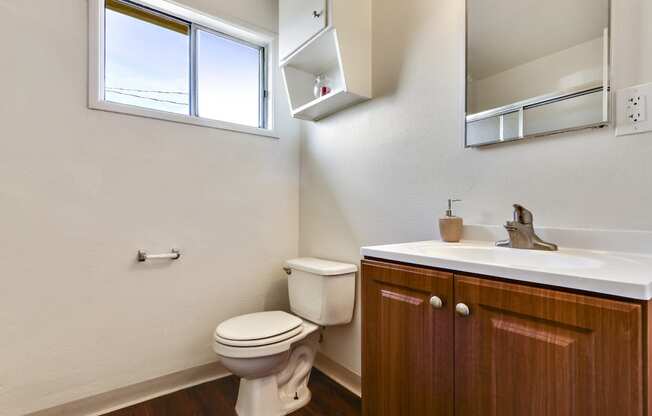 Bathroom with wood style single vanity, White single cabinet above the toilet