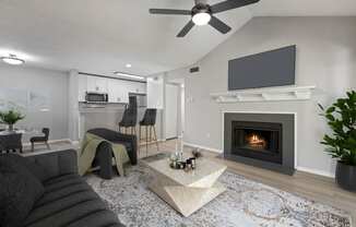 a living room with a fireplace and a tv