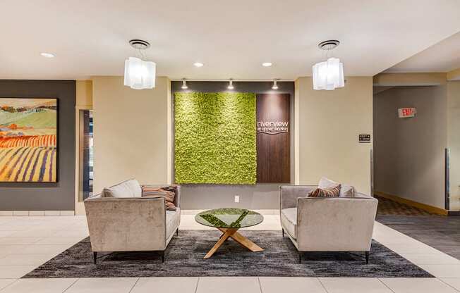 Lobby with bright lighting and compact seating